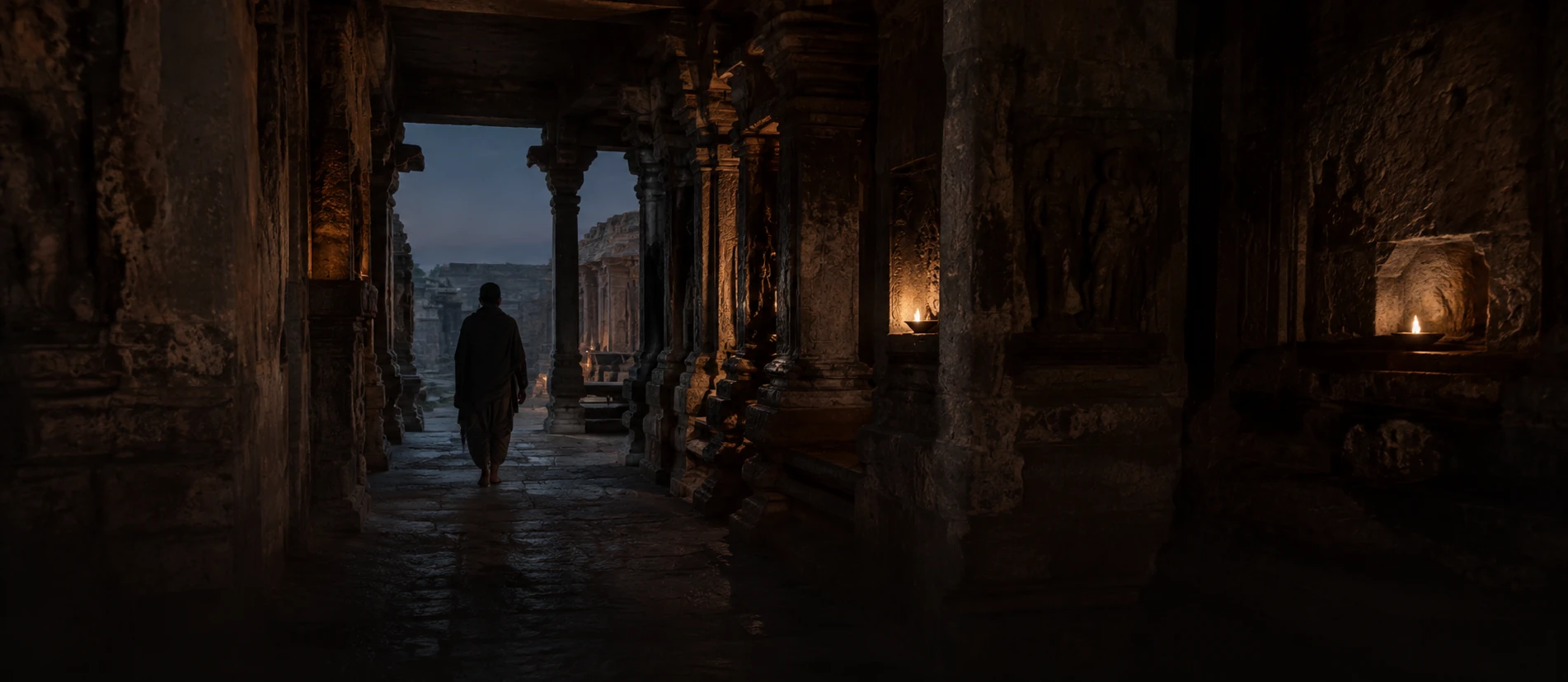 A solitary figure walking through a weathered South Indian stone corridor at dusk.