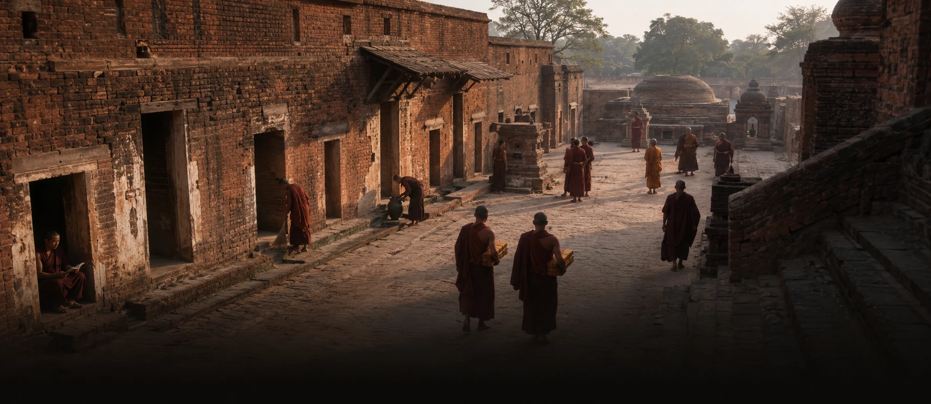 Monastics carrying manuscripts and working inside a lived-in Nalanda mahavihara courtyard.