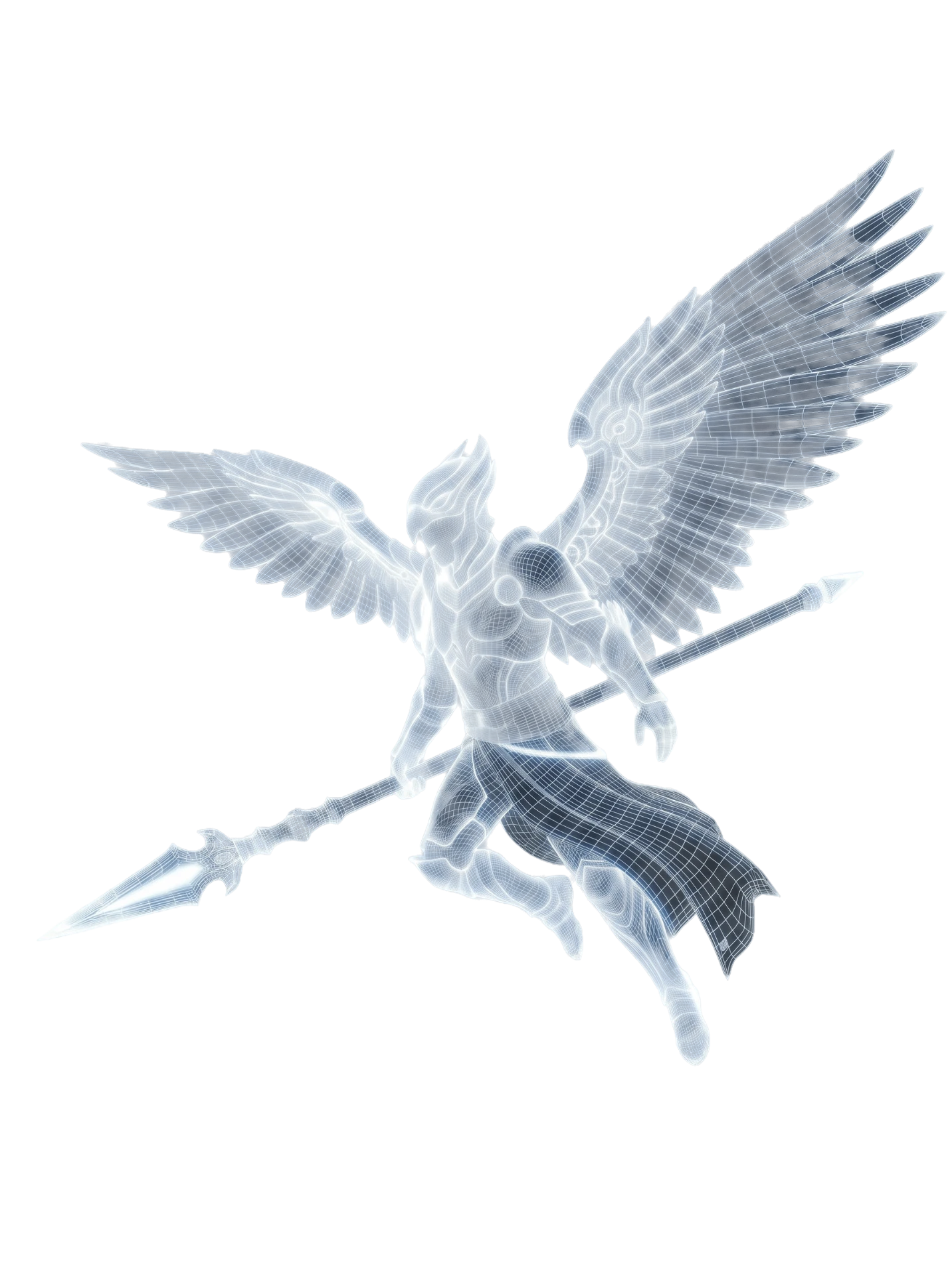 Luminous garuda figure with wings spread, holding a spear